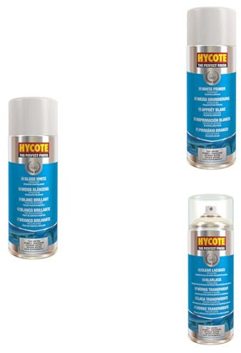 Hycote Double Acrylic Fast Drying Aerosol Gloss White Car Spray Paint, White Primer & Clear Lacquer