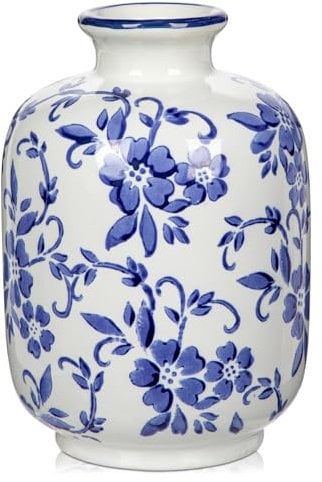 Arborus Vaso in porcellana blu e bianco, 18,5 cm, in ceramica, per fiori, erba della pampa, rose, ortensia, lavanda, stile country, decorazione scandinava in camera