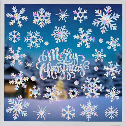 DTYDECLE Schneeflocken Suncatcher Fensteraufkleber, Weihnachten Fenster Suncatcher Bilder Selbstklebend Schneeflocken Regenbogen Folie Fenster Prisma für Winter Xmas Hause Weihnachtsdeko
