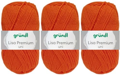 3x50 Gramm Gründl Lisa Premium Uni aus 100% Polyacryl inkl. Anleitung für Meerschwein (11 Orange)