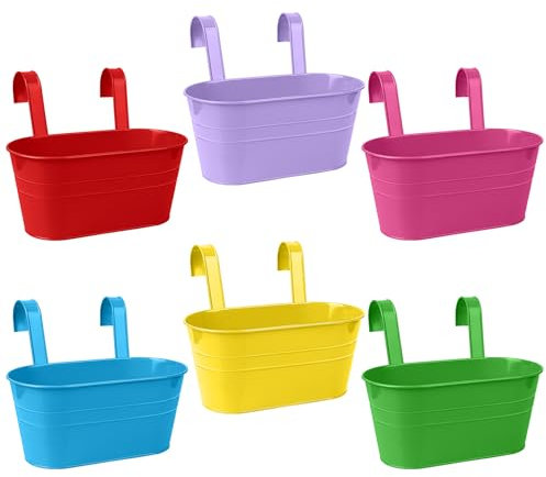 ULELE 6 Pack Metal Hanging Flower Pots Double-hook Hanging Buckets Flower Pots Planters Metal Iron Hanging Plant Pots Fence Planters Metal Iron Hanging Flower Pot for Fence Balcony Garden