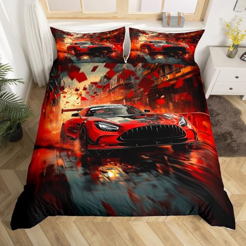Homewish Rennen Auto Bettbezug 135x200,Rot und Schwarz Sport Auto Bettwäsche Set für Kinder Jungen Männer Zimmer Dekor, Cool Racing Auto Bett Set Moderne Auto Bettbezug mit 1 Kissenbezug