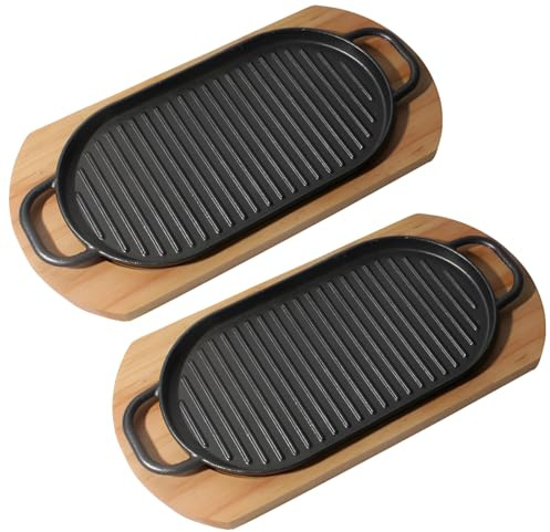 Fajita Cast Iron Skillet Set, 2 PCS Cast Iron Fajita Skillet Set with Wooden Base, Pre-Seasoned for Non-Stick Cooking, cookware set cast iron