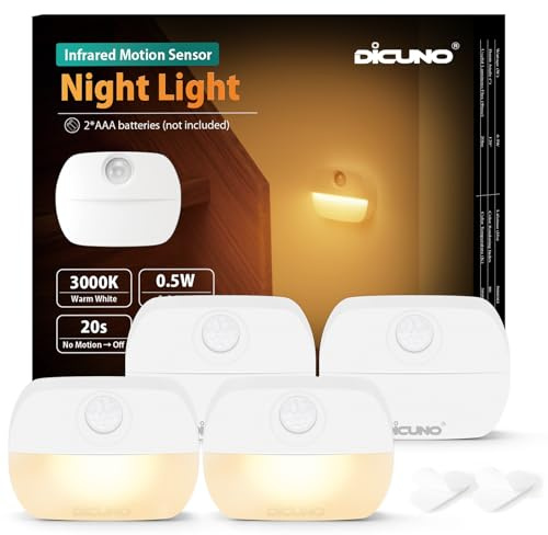 DiCUNO Luz nocturna LED a pilas con sensor movimiento PIR, 3000K, Pack de 4 | Blanco cálido, Funciona con 2 pilas AAA, Luz automática para armario pasillo escaleras dormitorio baño cocina