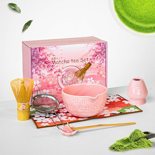 Biigdan Matcha Kit Rose 7 PièCes, Cadeau pour Les Amateurs Matcha,Kit Matcha Complet Japonais,avec Fouet Matcha,Bol Matcha,Support Chasen,Passoire,et autres accessoires(Motif de Fleurs de Cerisier)