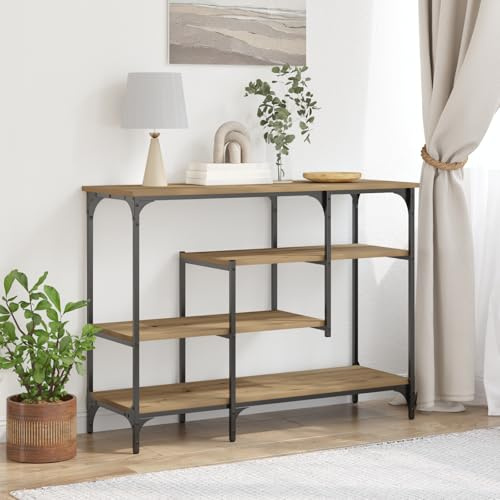 Qnhdfrt Konsolentisch Artisan Eiche Braun aus Holzwerkstoff & Stahl 100x35x75 cm mit 4 Regalen Stauraum für Wohnzimmer Büro Moderne Design Urbaner Loft-Stil