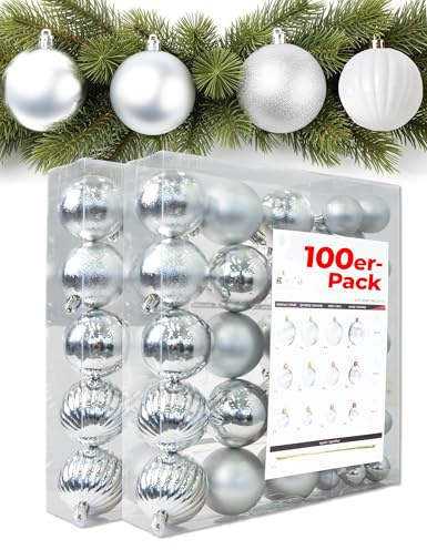 4smile weihnachtskugeln 100er Silber – Elegante christbaumkugeln aus hochwertigem Kunststoff in 3/4/6 cm, Matte/glänzende/glitzernde/Kürbis-Optik