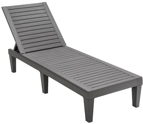GIANTEX Sonnenliege Gartenliege Holzoptik, Relaxliege Kunststoff Liege mit 5-stufig Verstellbarer Rückenlehne, Terrassenliege Strandliege bis 180 kg belastbar, Liegestuhl 190x57,5x29 cm (Grau,1)