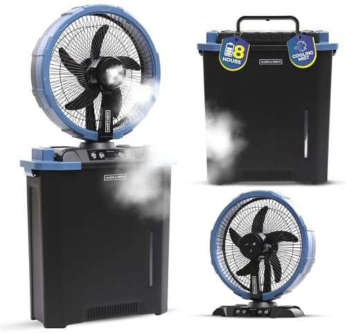 Olsen & Smith 10in Portable Cordless Cooling Misting Fan Rechargeable Oscillating Air Circulating Electric Floor Standing for Indoor Outdoor Tabletop Desktop Home Bedroom Office with Remote Control