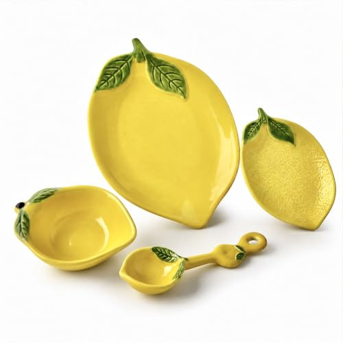 4Pcs Lemon Porcelain Tableware Set | Smooth Glaze, Bowl, Dip Spoon, For Salad