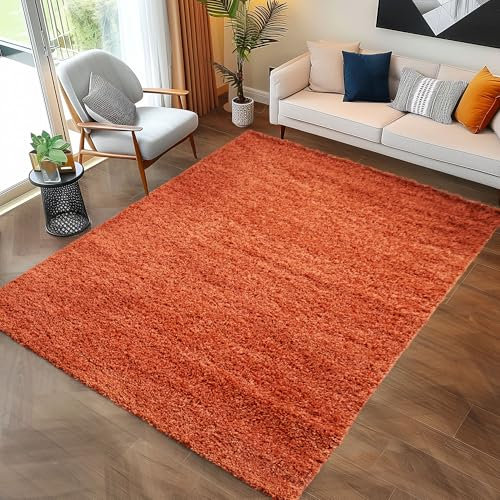 Carpettex Shaggy-Teppich, Hochflor, Wohnzimmer, Florhöhe 3 cm, einfarbig, Terrakotta, 80 x 150 cm