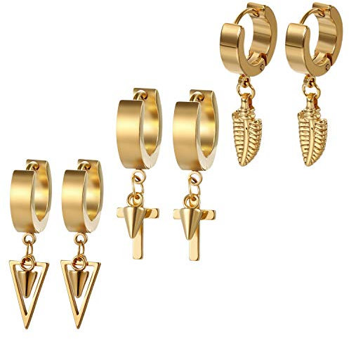 Aroncent Creolen Ohrringe Anhänger Set: 3 Paare Edelstahl mit Feder Kreuz Dreieck Verjüngung Ohrhänger Ohrstecker Huggie Ohrpiercing Ohrringeset Gold
