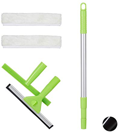 Relaxdays Fensterreinigungsset, 5-teiliges Profiset, Fensterabzieher & -einwascher, 2 Bezüge, mit Teleskopstange, grün, HxBxT: 5x25x66cm