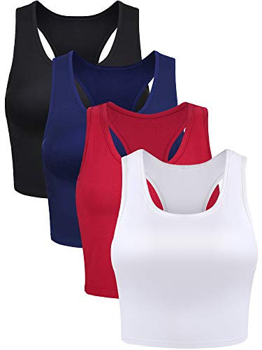 4 Stück Basic Crop Tank Tops Ärmelloses Racerback Crop Sport Baumwoll Top für Damen (Schwarz, Weiß, Weinrot, Marineblau, Large)