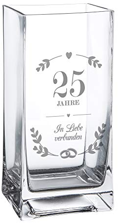 Casa Vivente Blumenvase mit Gravur zur Silberhochzeit, Glasvase mit Ring Motiv, Geschenk zum 25. Hochzeitstag