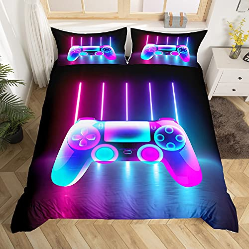 Loussiesd Gamer Betten Set Jungen Spiele Bettwäsche Set 135x200cm Kinder Teens Videospiel Gamepad Bettbezug Set Neuheit Gradient Game Controller Lila Blau Schlafzimmer Kollektion 2St