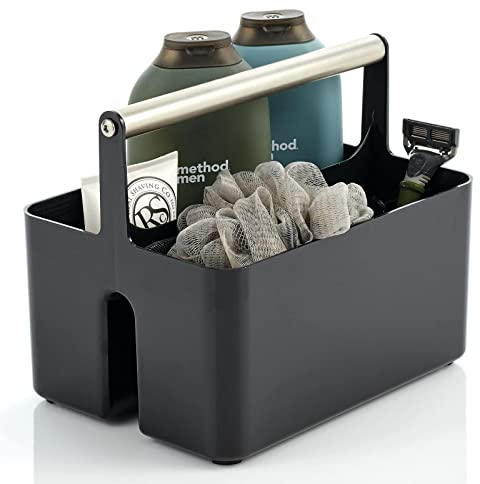mDesign Duschablage aus Kunststoff, Aufbewahrungskorb, unterteilter Korb – Metallgriff für Badezimmer, Wohnheim, Küche, hält Seife, Shampoo, Spülung – Aura-Kollektion – Schwarz/gebürstetes Chrom