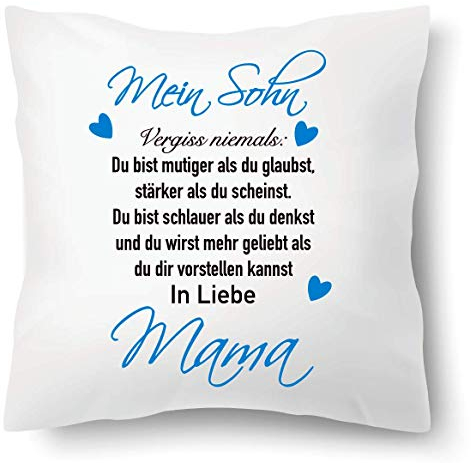 Farbwuselei Kissen mit Spruch Mein Sohn Vergiss Niemals Du bist mutiger als du glaubst In Liebe Mama Kissenhülle Inlay Kissenbezug Geschenk BLAU