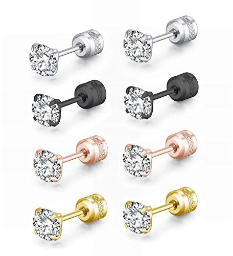 ZOCOYUU 4 Pairs Titanium Screw Back Hypoallergenic Surgical Stainless Steel Stud Earrings for Women Men,4mm 5A Cubic Zirconia Studs Double Side Earrings Piercing Sleeper Studs Jewelry