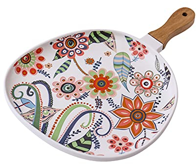 13.5 inch Plato llano de porcelana mate, elegantes platos para servir flores con mango de madera para bistec, pasta y ensalada