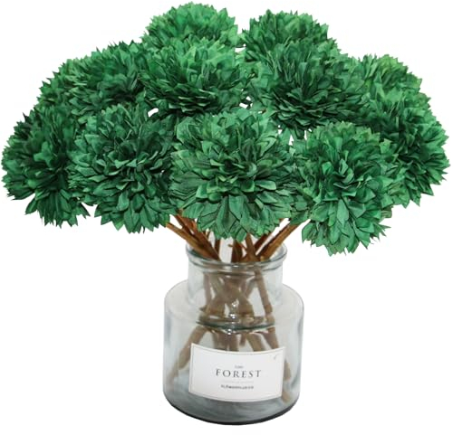 Tinsow 12 flores artificiales verdes, bolas de crisantemo, flores artificiales para decoración del hogar de Navidad (12, verde negruzco)