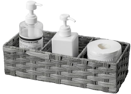 Toilet Tank Topper Paper Basket Multiuse Hand Woven Plastic Wicker Basket Bins with Divider for Shelves Rustic Farmhouse Bathroom Decor Countertop Organizer Storage