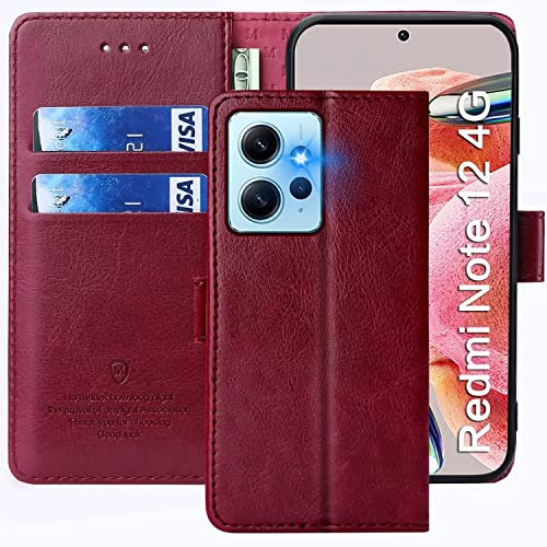 FMPCUON - Carcasa para Xiaomi Redmi Note 12 4G, Funda con Solapa Xiaomi Redmi Note 12 4G, Funda de Piel sintética Premium con Tapa Protectora magnética para Xiaomi Redmi Note 12 4G, Color Rojo