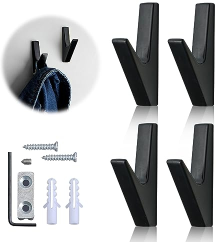 YEJAHY 4 Stück Kleiderhaken, mattschwarze Zinklegierung, Wandgarderobe, Schlüsselhalter, mit Metallschrauben, Zubehör, Garderobenhaken, Wandmontage, zum Aufhängen von Mantel, Hut, Handtuch, Schal,