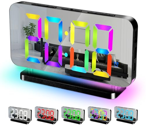 Sukeen Wecker Digital, 7,4 Wecker Digital Uhr, Spiegel Digitaler Wecker mit 11 Farben Digitalanzeige,10 Modi RGB-Nachtlicht,USB-C-Ladeanschluss,Lautstärke,Helligkeit,Tischuhr für Nachttisch-Schwarz