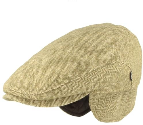 Herren Winter Schiebermütze mit Ohrenklappen Flatcap Schirmmütze 100% Wolle Mütze mit ausklappbarer Ohrenschutz Hautfreundlich & Bequem 63