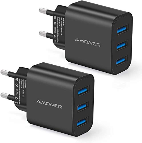 Caricatore USB da parete con 3 porte, caricatore USB 3A, una corrente massima di 2,4 A, caricatore mobile per tutti i tipi di cellulare, 2 confezioni