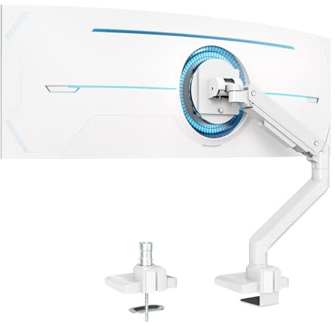 Premium Heavy Duty Monitor Arm for 17 to 49 inch Screens up to 44lbs, Fully Adjustable Ultrawide Single Clamp-on Desk Mount Stand, VESA 75x75/100x100mm (White)