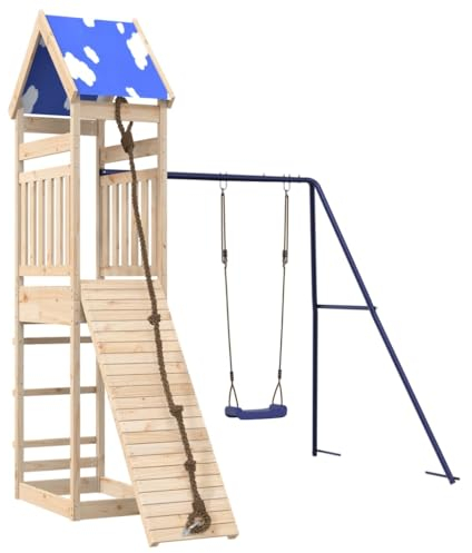 vidaXL Spielturm, Klettergerüst mit Dach Schaukel Kletterwand Seil, Kinder Kletterturm Spiel-Zubehör für Garten, Holz Spielplatz Spielhaus, Massivholz Kiefer