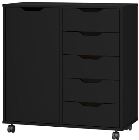 5 Drawers Mobile File Cabinet With 1 Door, Wooden Lateral Filing Cabinet Storage Dresser Cabinet Sideboard With Wheels Office Organization And Storage (Black)