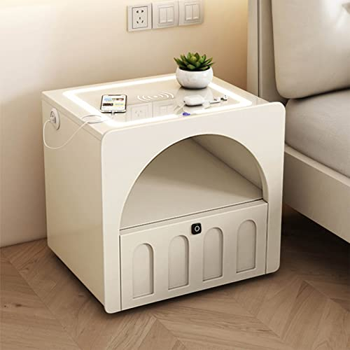 Tqertrtfxa Bedside table with wireless charging, Bedside table with led light, smart bedside table with three-color light, fingerprint lock, with USB strip, suitable for bedroom, living room