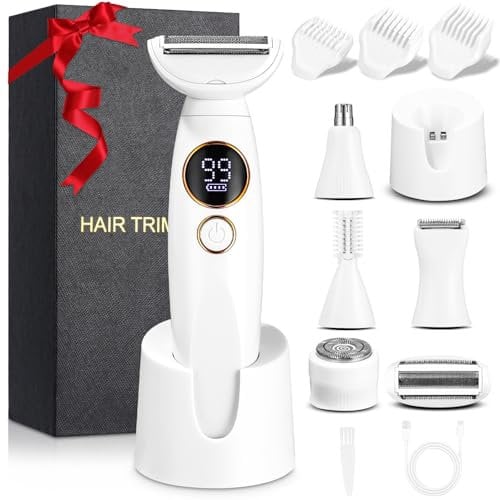 Rasierer Damen, 5-in-1 Intimrasierer für Frauen, Damenrasierer Elektrisch, mit USB-Ladestation, Rasierer Damen Elektrisch, für Körper, Achseln, Bikini, Augenbrauen und Nase, USB-Aufladung