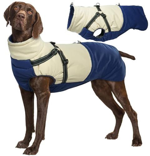 MHaustlie 3XL Warme Hundemäntel, Große Hunde Winterkleidung mit Geschirrweste Outdoor Hundejacke für große Rassen, Warmer Hundemantel & Jacken, Winddichter Hundeschneeanzug für große Hunde (Blau, 3XL)