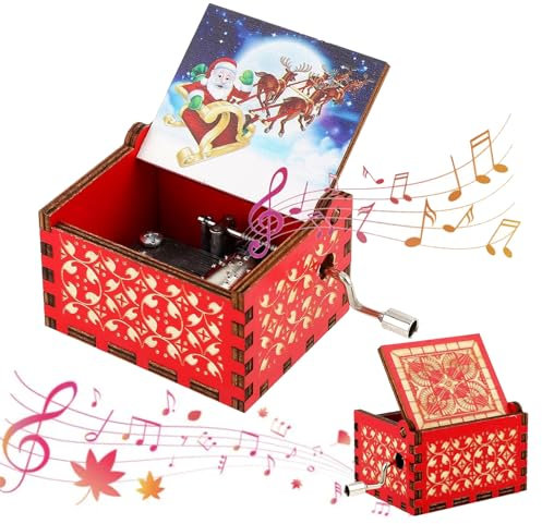 YUEXNKO Weihnachtliche Hölzerne Spieluhr, Weihnachten Handkurbel Spieluhren, Gravierte Spieluhren Weihnachten, Hölzerne Spieluhr Kinder, für Neujahr Weihnachten(C)