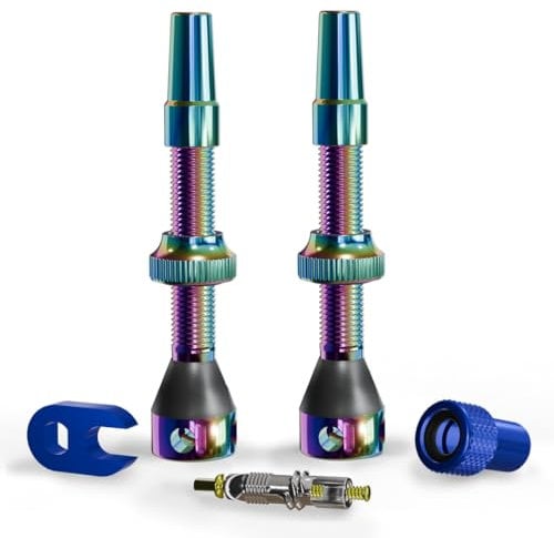Shredr. Tubeless Ventile Set | Presta Ventile für Schlauchlos-Reifen | Superleichtes Alu, bunt eloxiert, französisches Ventil | inkl. Ventil-Adapter, Ersatz-Ventil und Werkzeug. (Rainbow, 44mm)