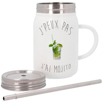 Mug Isotherme en Inox avec Couvercle et Paille - J'Peux Pas J'Ai Mojito Humour - 500 ml - Tasse Thermo