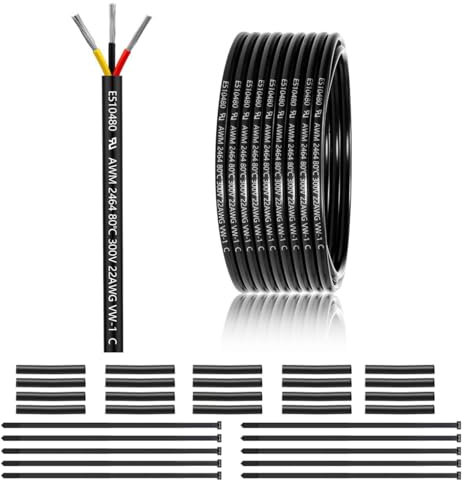 22 AWG 3×0.3mm² 3 Core 12V 24V Electrical Wire 50FT/15M, 22 Gauge 3 Conductor Wire Cable Stranded Tinned Copper PVC 22/3 Wires for LED Strips Lighting, Outdoor Cable, Automotive, CE Listed