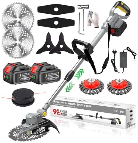 Desbrozadora Electrica 21V, Desbrozadora Bateria Brushless 4 En 1 Cortabordes Bateria Brushless Cortacesped Electrico con 2 Baterías 4.0Ah, Cepillo de Malas Hierbas, Tubo Telescópico,Grey