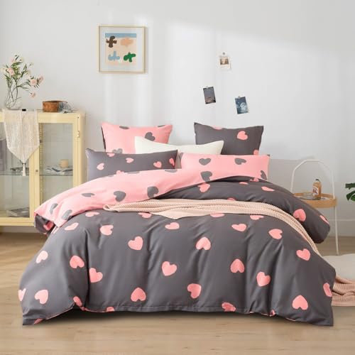 Freyamy Housse de Couette 220x240 Amour Gris Parure de lit 2 Personne en Microfibre avec Fermeture Éclair Réversible Sets de Housse Couette Cœur Rose avec 2 Taie d'oreiller 65 x 65cm pour Filles