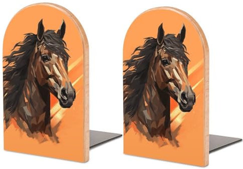 Buchstützen, Buchstützen aus Holz mit Metallsockel, orangefarbener Hintergrund mit Pferdekopf, Buchstütze für Regale, platzsparende Regaldekoration
