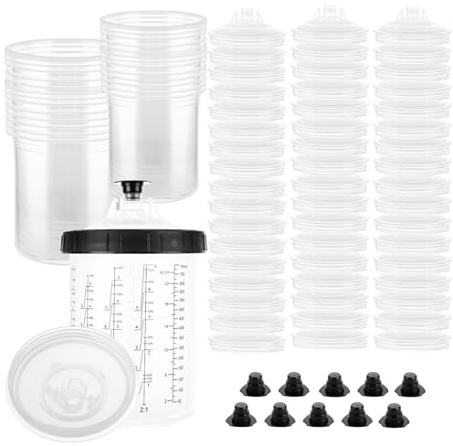 DAJAVE 45 Pcs Paint Mixing Cups for Spray Guns 28oz/800ml Disposable Paint Sprayer Gun Cup Liners and Lid System for Primers, Coatings - with 45 Lids, 45 Cups, 20 Plugs, 1 Hard Cup with Retainer Ring