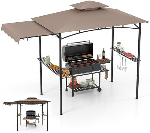 RELAX4LIFE Tonnelle Barbecue Exterieur avec Auvent Réglable | Auvent Abri Barbecue | 2 Tablettes de Service | Crochets | Ouvre-Bouteille | Tonnelle de Jardin Exterieur pour Terrasse Patio