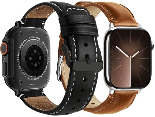 Fullmosa Lederarmband für Apple Watch 46mm 45mm 44mm 49mm | 2 Stück Echtes Leder Armband für iWatch Series 11 10 9 8 7 6 5 4 Ultra SE 3/2 Herren Damen, Ergonomisches Ersatzarmband