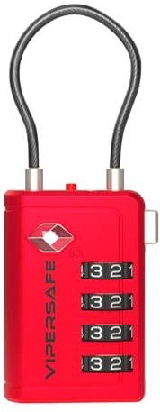 Vipersafe New TSA008, TSA Approved Luggage Lock with Open Alert Indicator – 4-Digit Travel Lock for Luggages, Bags & Backpacks – Heavy Duty Flexible Cable Padlock (Red, 1-Pack)