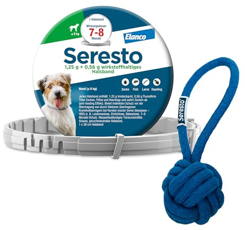 Seresto Zeckenhalsband für kleine Hunde bis 8kg mit Wurfball | Promo-Set für zuverlässigen Schutz vor Parasiten. Geruchsneutrales Halsband, wehrt Zecken vor dem Stich ab. Für Welpen.