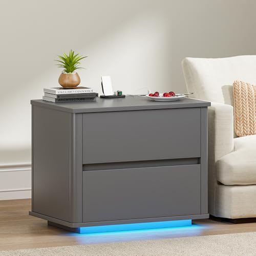 Gurexl LED Nachttisch mit mit 2 Schubladen und Bewegungssensor,Grau | Nachttisch mit Ladefunktion und 3-farbige Beleuchtung für Schlafzimmer,kommode mit Abgerundete Ecken und USB für Wohnzimmer